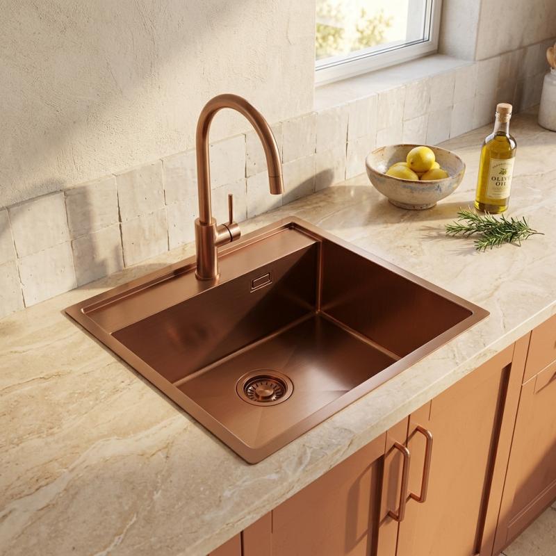 Pure.Sink Luxion Koperen spoelbak 51x50 cm Tapwing met kraangatbank PLX5150T-62